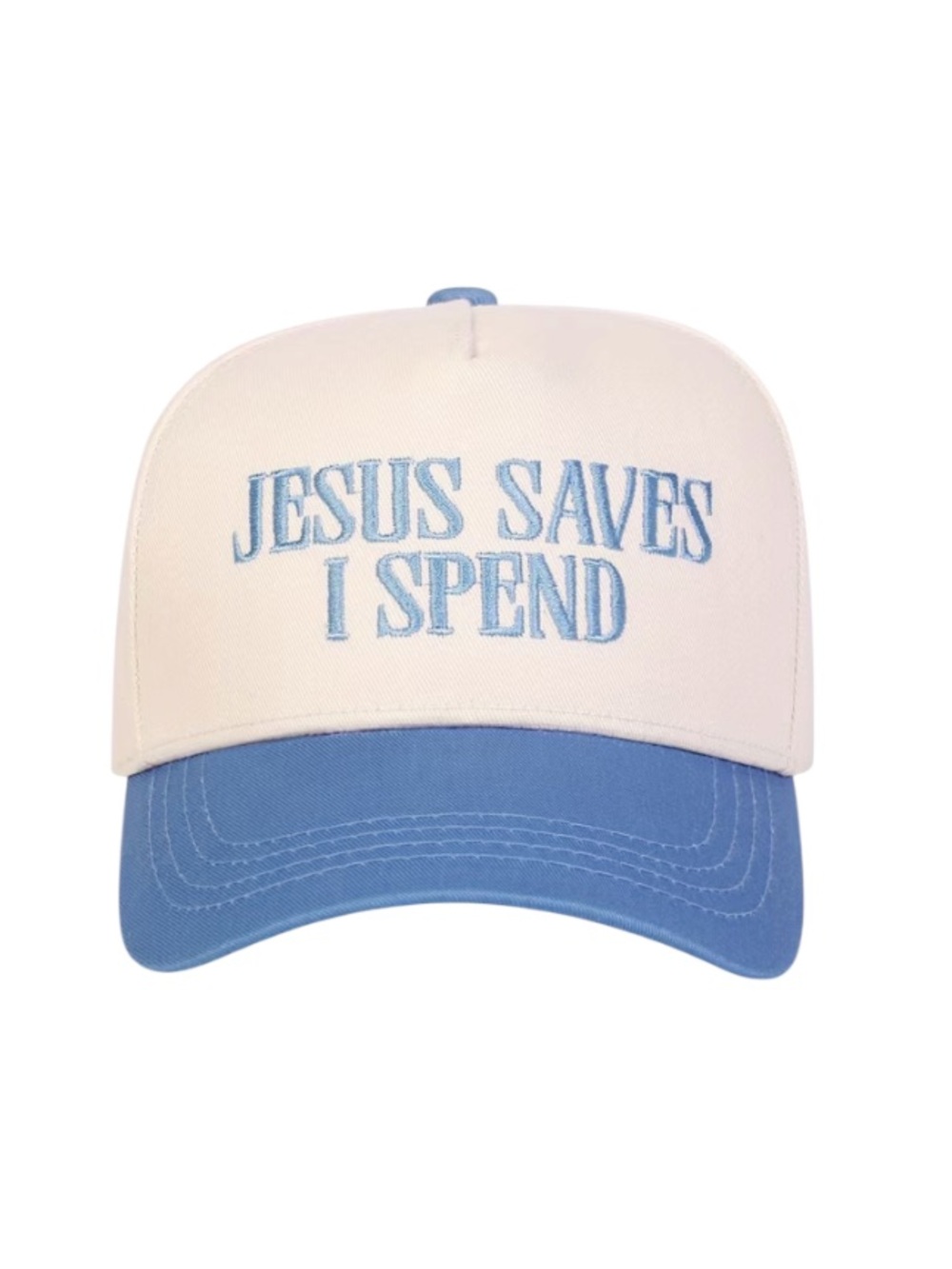 New White & Light Blue Baseball Cap with 'JESUS SAVES I SPEND' Embroidery